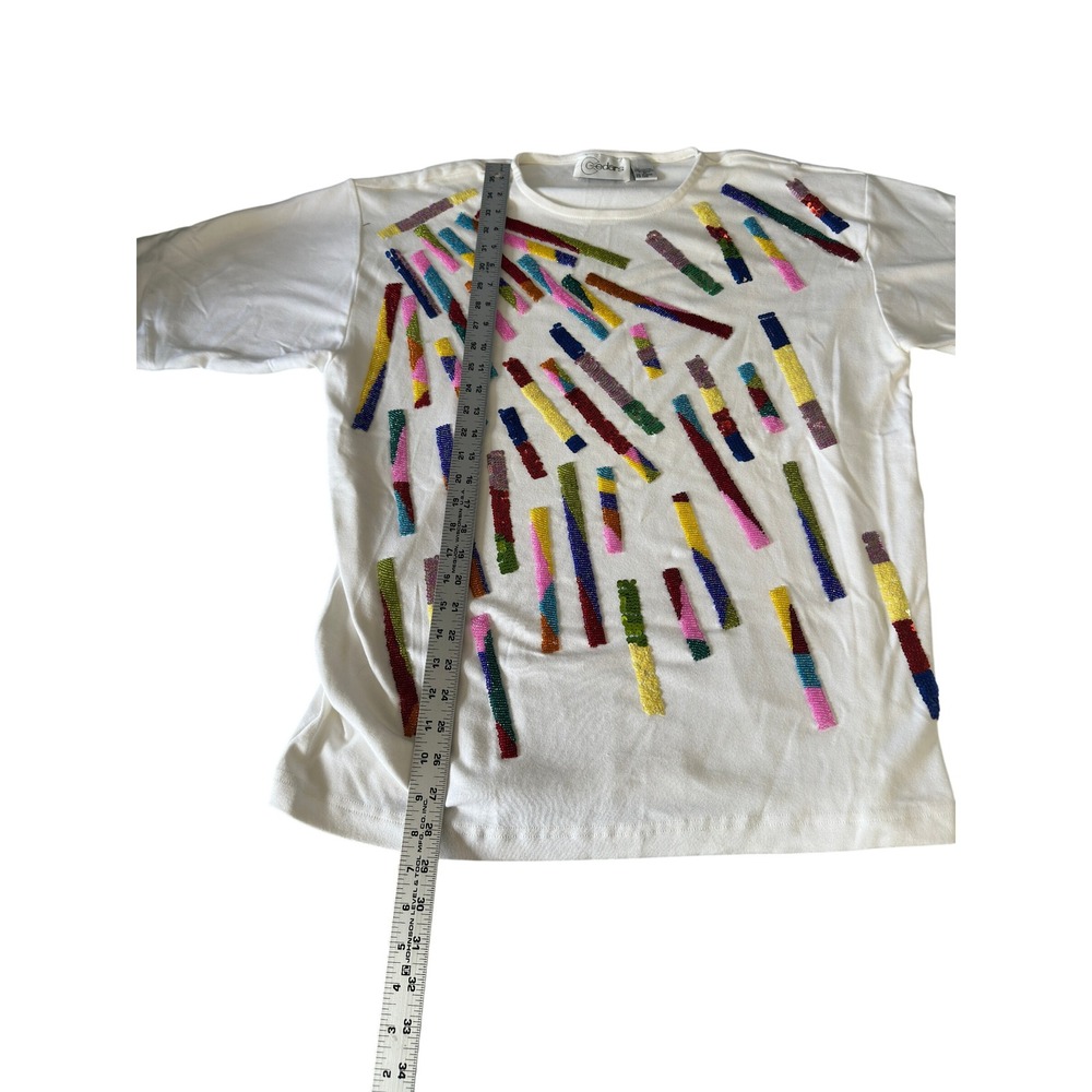 Cedars Vintage 90s White Sequin Beaded Abstract T-Shirt Womens M Oversized JS - Picture 9 of 11